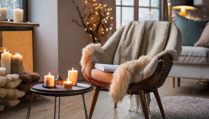 Comfortable armchair adorned with a sheepskin throw and a coffee table illuminated by candles. Modern living room interior in a Scandinavian huge style