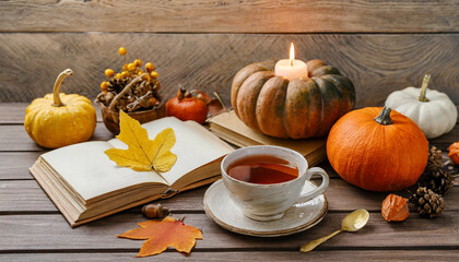 Warm and inviting autumn arrangement featuring a steaming cup of tea, flickering candle, an open book, and pumpkins on a wooden backdrop. Embracing the cozy ambiance of autumn home decor