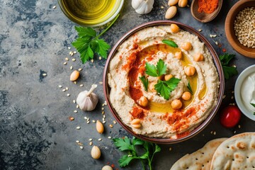 Traditional Mediterranean hummus homemade dip with paprika tahini sesame and olive oil a healthy snack for vegetarians - obrazy, fototapety, plakaty