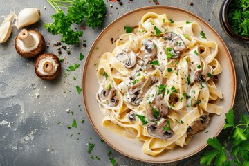 Overhead shot of mushroom pasta with cream sauce and parsley on a stone background