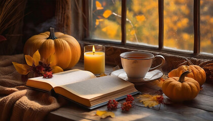 Warm and inviting autumn arrangement featuring a steaming cup of tea, flickering candle, an open...