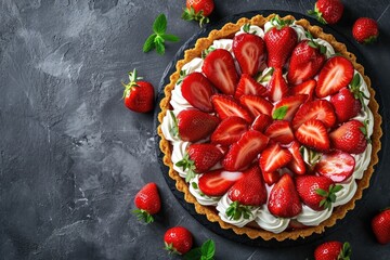 Strawberry tart with mascarpone topped with whipped cream on a dark concrete background - obrazy, fototapety, plakaty