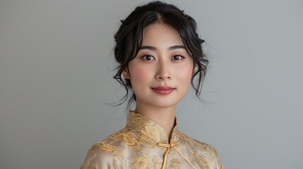 Elegant asian woman in traditional golden embroidered dress, an epitome of cultural grace and sophistication.