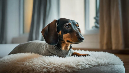 Dachshund lounging on its cushion, basking in the soft glow of window light