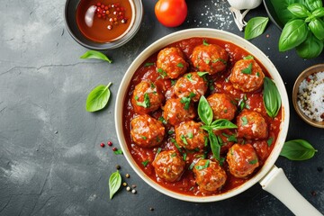 Top view of homemade meatballs in white pan on grey background with copy space garnished with tomato sauce and spices - obrazy, fototapety, plakaty
