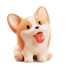 Cute funny kawaii fluffy cartoon orange corgi puppy with dot eyes, smiling face and red tongue sticking out of mouth in sitting playful pose. Lovely pet minimal style. 3d render isolated transparent.