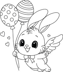 Easter Bunny flies with balloons coloring page 