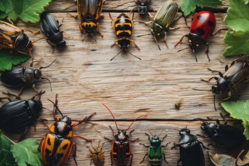 Bug Variety: A wooden table hosts a vibrant ensemble of insects, showcasing their unique shapes and colors, creating a visual symphony that celebrates the extraordinary biodiversity found in the worl