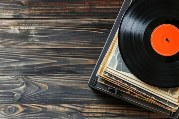Flat lay of modern vinyl records on wooden background with space for text - obrazy, fototapety, plakaty
