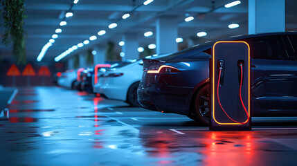 Electric vehicle charging, Parking lot background. Generative AI. - obrazy, fototapety, plakaty