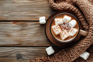 Obraz na płótnie Canvas Hot cocoa with marshmallow on a cozy wooden desk cocoa in a mug on a rustic table in a coffee shop overhead view copy space