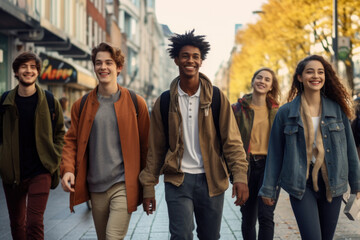 Happy multiracial friends walking down the street. Friendship concept with multicultural young people on winter clothes having fun together