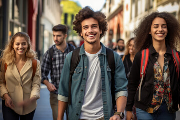 Obraz premium Happy multiracial friends walking down the street. Friendship concept with multicultural young people on winter clothes having fun together