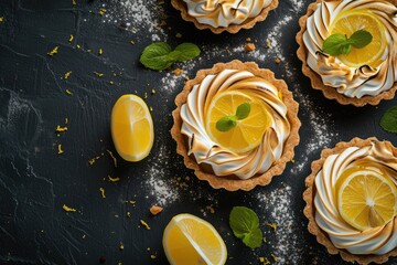Top view of a lemon curd and meringue tartlet on a rustic background