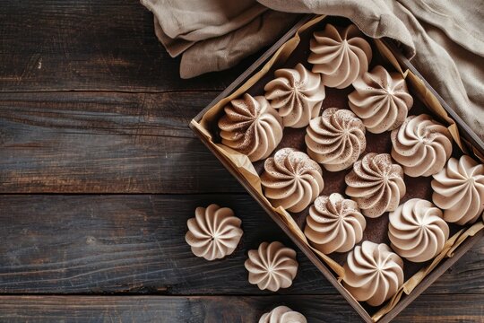 Chocolate meringue cookies in rustic box on wooden table Top view with chocolate drops Made of eggs and sugar Natural light close up view