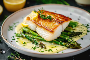 Fine Dining Fish: Atlantic Cod Fillet with Asparagus and Lemon Sauce, Exquisitely Plated on a White Dish, Illuminating a Dark Table in a Gastronomic Overture of Mediterranean Cuisine.

