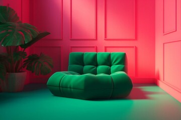3D green square cushioned seat, displayed in vibrant pink room with a 3D rendering. Generative AI