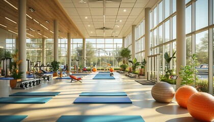 Feature a vibrant image of a health and wellness center,  scenes of fitness activities, wellness services. generative AI
