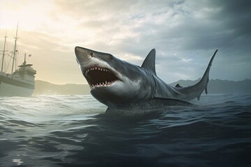 3D illustration depicting a megalodon in a scene. Generative AI