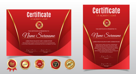 Certificate of appreciation template, gold and red color. Clean modern certificate with gold badge. Certificate border template with luxury and modern line pattern. Diploma vector template