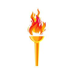 A golden metal torch with a blazing fire. The fiery torch of the champion's victory. The flame icon. A burning fire.