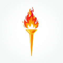 Red-yellow flames. Cartoon golden torch with a blazing fire. Fiery torch of the champion's victory. Flame icon. Burning fire