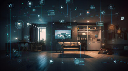 Futuristic smart home interiors showcase the Internet of Things (IoT) connectivity concept with networked devices and appliances.