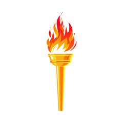 Golden torch with red and yellow flames. Blazing fire. Fiery torch of the champion's victory. Flame icon. Burning fire with sparks.