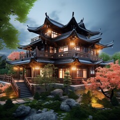 Fototapeta premium Nice chinese architecture house images Generative AI