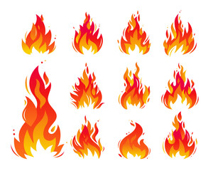 A set of icons with a blazing fire. A burning bonfire with sparks. A fiery flame.