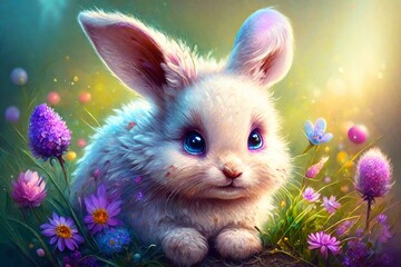 Cute cartoon happy rabbit with Easter eggs on blue sky and green meadow grass with flowers background. Cute rabbit for spring holiday design.