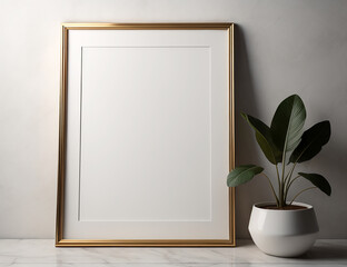 goldener Bilderrahmen an weißer Wand mit einer Zimmerpflanze an der Seite