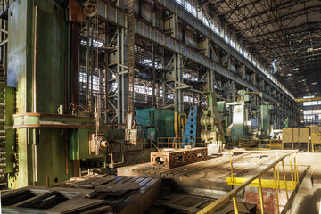 Naklejka premium Destroyed and abandoned mechanical plant during war in Ukraine.