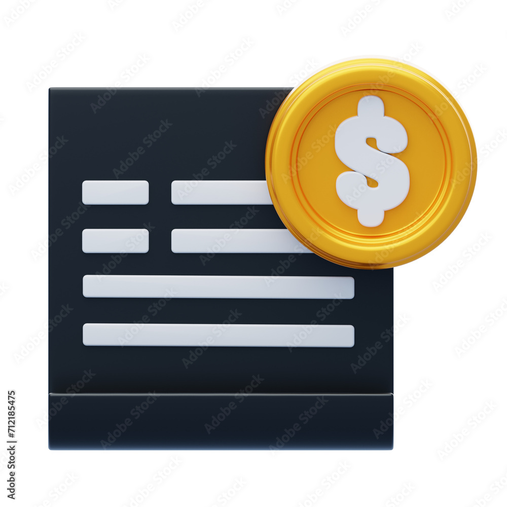 Poster bill 3d model of a receipt and dollar coin on the top corner. 3d illustration, 3d element, 3d render