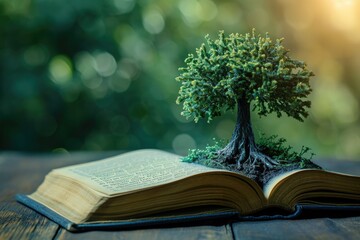 tree growing from an open book, symbolizing the growth of knowledge and ideas