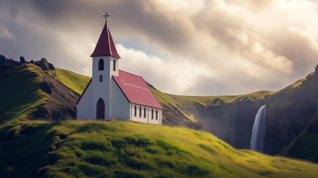 green hill with small red chruch with animated cloudy sky