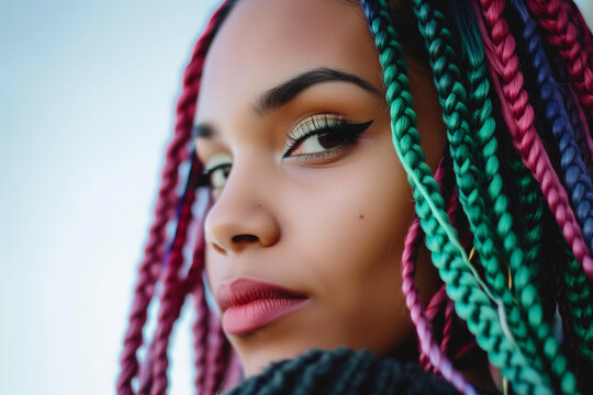 Portrait of a woman with colored braids extensions in 3 different colors on a young Latin woman.