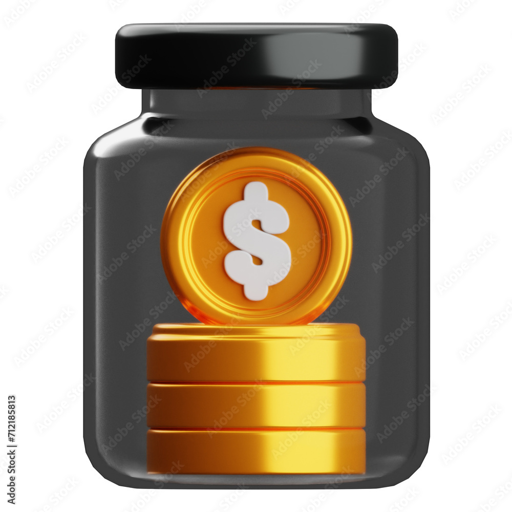 Poster savings a 3d model of prosperity in a coin jar. 3d illustration, 3d element, 3d rendering. 3d visual