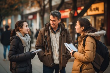 tourists communicate with locals on the street in the city of Beijing, ai generated - obrazy, fototapety, plakaty