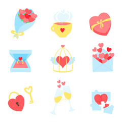 Set of cute vector illustration for St Valentines Day. Flowers bouquet, cup with heart, heart shape box of chocolates, engagement ring, flying hearts in golden cage, love envelope, letter. February 14