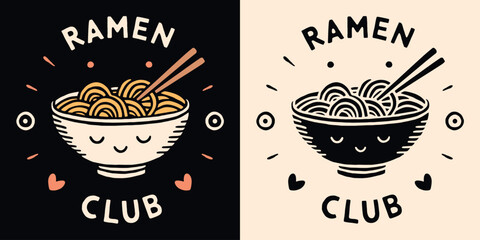 Ramen lover club badge logo. Cute yummy ramen noodles bowl smiley face kawaii illustration. Retro vintage printable drawing. Japanese food aesthetic quotes art for t-shirt design and print vector. - obrazy, fototapety, plakaty