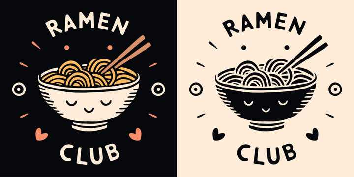 Naklejki Ramen lover club badge logo. Cute yummy ramen noodles bowl smiley face kawaii illustration. Retro vintage printable drawing. Japanese food aesthetic quotes art for t-shirt design and print vector.