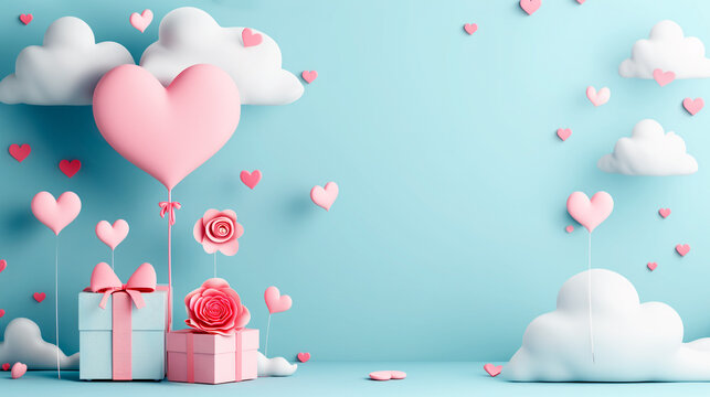 Poster or banner with clouds, hearts, balloons, flowers and presents on pastel blue 3D background for st. Valentine day