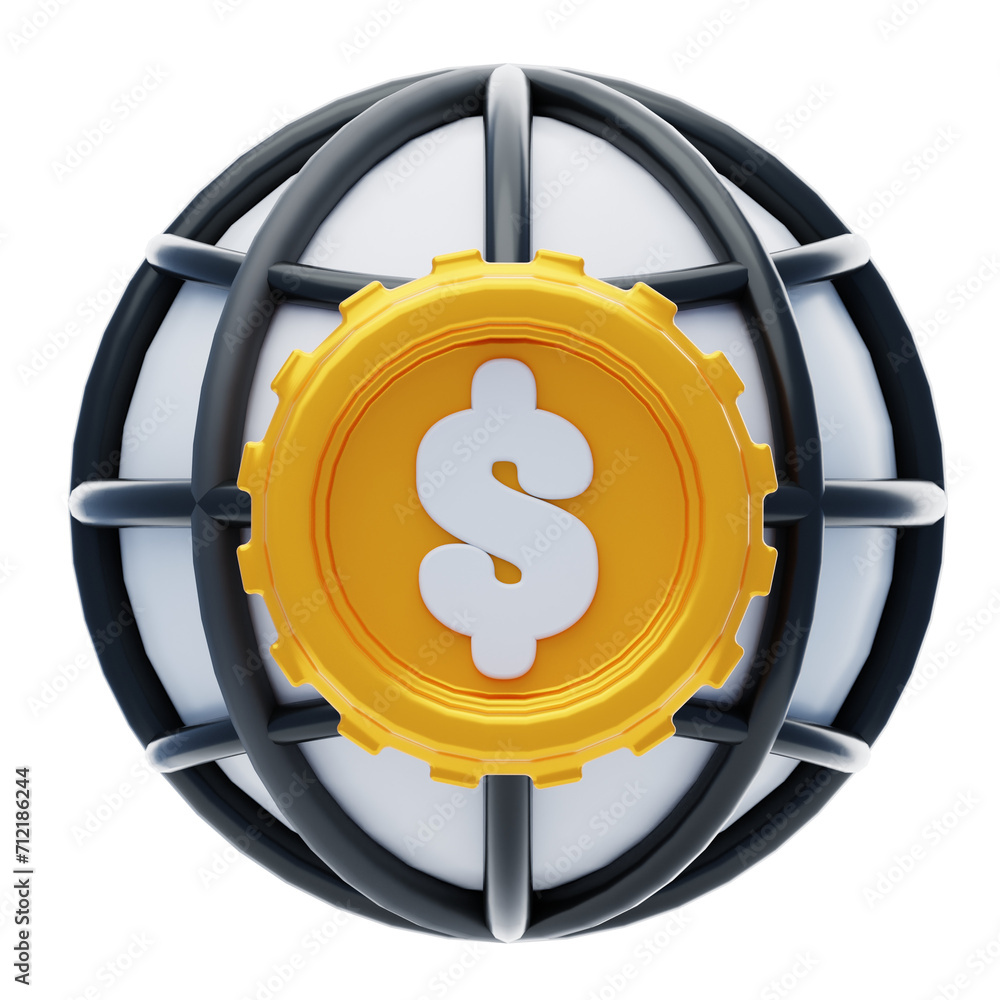 Poster global economy in focus a 3d visualization within the globe frame. 3d illustration, 3d element, 3d r