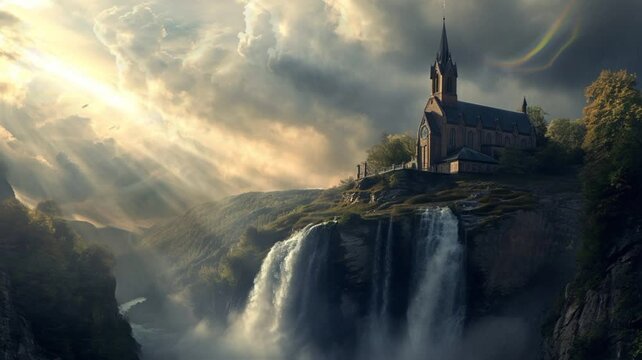 waterfall view near a old chruch with dark cloudy sky christianity animated video