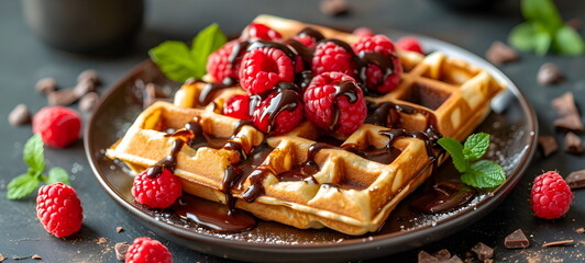 Belgian waffles with raspberries and chocolate