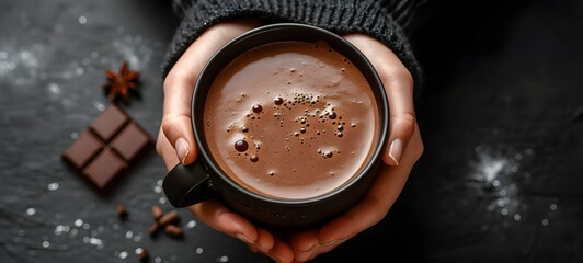 black cup of hot chocolate in hands