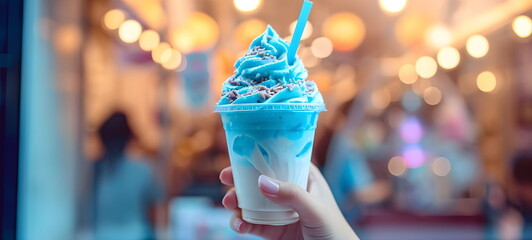Milkshake, blue, white. A woman is holding a glass of ice cream.