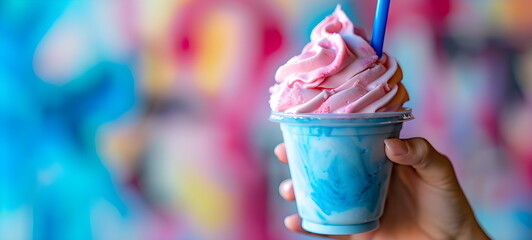 Milkshake, blue, pink. A man is holding a glass of ice cream.
