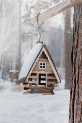 Winter bird feeder house close up photo